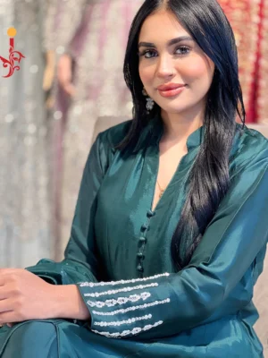 Bottle Green Aline with Trousers - Bridesmaid Dresses, Formal Wear, Party Wear, Wedding Guest Dresses - Walima | Jabeenz UK
