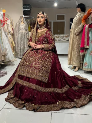 Maroon Farshi Lehenga with Tail - Baraat Dresses, Bridal Dresses, Bridal Lehenga, Formal Wear, Wedding Dresses | Jabeenz UK