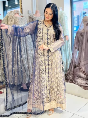 Blue and Golden Jacket Maxi - Bridesmaid Dresses, Formal Wear, Party Wear, Wedding Guest Dresses - Walima | Jabeenz UK