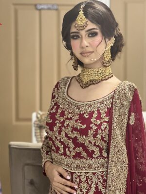 Red Chiffon Bridal Front-Open Dress with Lehenga