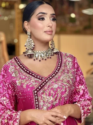 Hot Pink Tassel Silk Partywear Angarkha - Bridesmaid Dresses, Formal Wear, Party Wear, Wedding Guest Dresses - Walima | Jabeenz UK