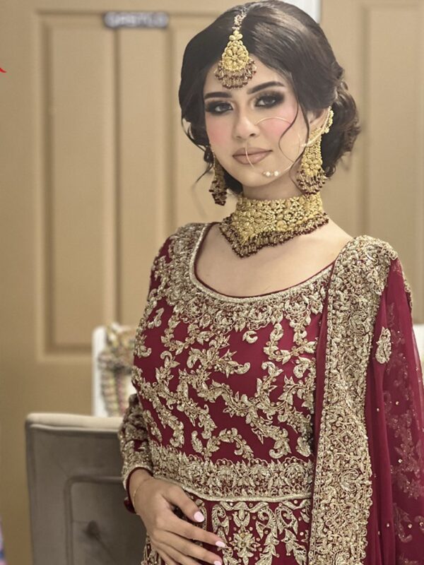Red Chiffon Bridal Front-Open Dress with Lehenga
