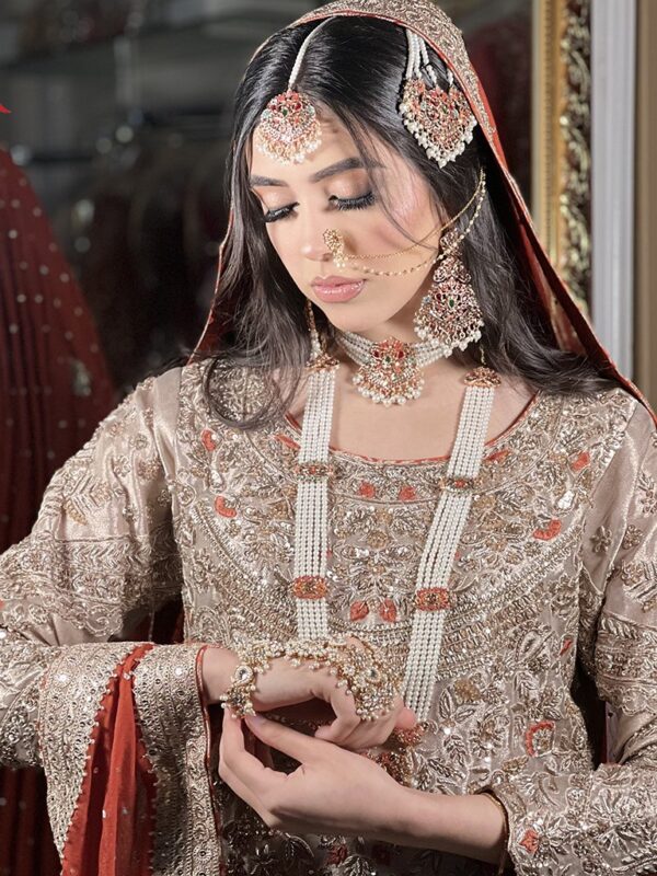 Golden & Peach Embellished Formal Nikkah Dress
