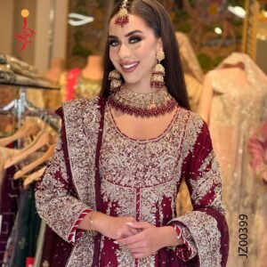Maroon Peplum Style Bridal Farshi Lehenga Wedding Dresses by Jabeenz Manchester