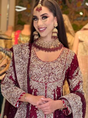 Maroon Peplum Style Bridal Farshi Lehenga - Baraat Dresses, Bridal Dresses, Bridal Lehenga, Formal Wear, Wedding Dresses | Jabeenz UK