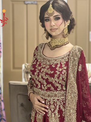 Red Chiffon Bridal Front-Open Dress with Lehenga - Image 4