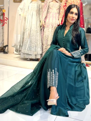 Bottle Green Aline with Trousers - Bridesmaid Dresses, Formal Wear, Party Wear, Wedding Guest Dresses - Walima | Jabeenz UK