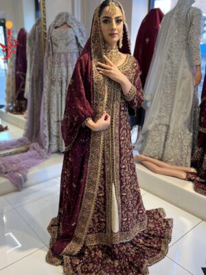 Maroon Front-Open Farshi Lehenga - Baraat Dresses, Bridal Dresses, Bridal Lehenga, Wedding Dresses - Nikkah | Jabeenz UK