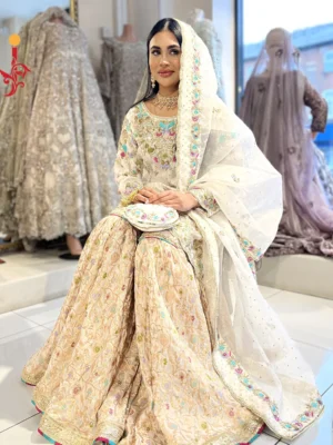 White Gharara with Multi Color Embroidery - Bridesmaid Dresses, Formal Wear, Gharara, Party Wear, Wedding Guest Dresses - Walima | Jabeenz UK