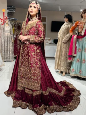 Maroon Farshi Lehenga with Tail - Baraat Dresses, Bridal Dresses, Bridal Lehenga, Formal Wear, Wedding Dresses | Jabeenz UK
