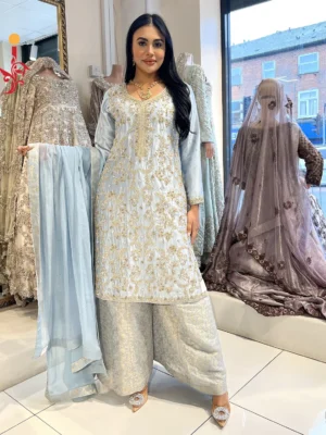 Ice Blue Shirt with Palazzo - Bridesmaid Dresses, Formal Wear, Party Wear, Wedding Guest Dresses - Walima | Jabeenz UK