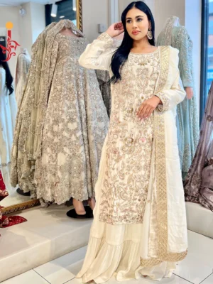Ivory Formal Shirt with Farshi - Bridal Dresses, Formal Wear, Gharara, Walima Dresses, Wedding Dresses - Walima | Jabeenz UK