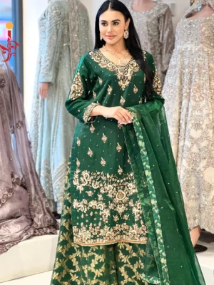 Bottle Green Shirt with Sharara - Bridesmaid Dresses, Formal Wear, Party Wear, Sharara, Wedding Guest Dresses - Walima | Jabeenz UK