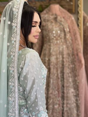 Sage Serenity Bridal Lehenga Choli in Organza - Bridal Dresses, Bridal Lehenga, Walima Dresses, Wedding Dresses - Walima | Jabeenz UK