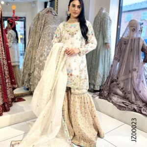 White Gharara with Multi Color Embroidery Gharara by Jabeenz Manchester