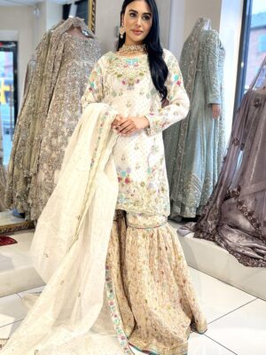 White Gharara with Multi Color Embroidery - Bridesmaid Dresses, Formal Wear, Gharara, Party Wear, Wedding Guest Dresses - Walima | Jabeenz UK