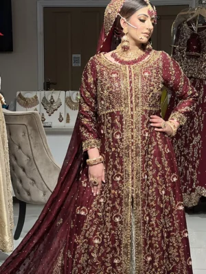 Maroon Front Open with Ivory Farshi - Baraat Dresses, Bridal Dresses, Formal Wear, Pakistani Bridal Gowns, Wedding Dresses | Jabeenz UK