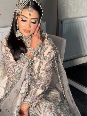 Grey Fawn Embellished Bridal Maxi with Organza Jaal Dupatta - Bridal Dresses, Bridal Maxi, Walima Dresses, Wedding Dresses - Walima | Jabeenz UK