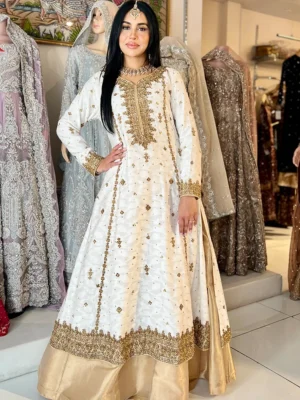 The White & Golden Khaddi Cotton Ensemble - Bridesmaid Dresses, Formal Wear, Nikkah Dresses, Wedding Guest Dresses - Walima | Jabeenz UK