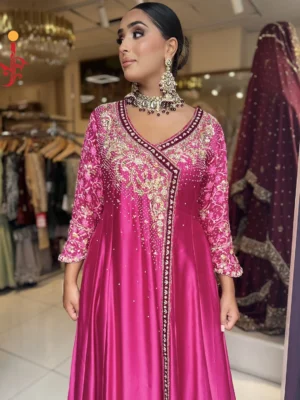 Hot Pink Tassel Silk Partywear Angarkha - Bridesmaid Dresses, Formal Wear, Party Wear, Wedding Guest Dresses - Walima | Jabeenz UK