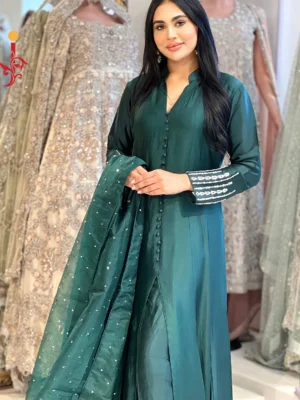 Bottle Green Aline with Trousers - Bridesmaid Dresses, Formal Wear, Party Wear, Wedding Guest Dresses - Walima | Jabeenz UK