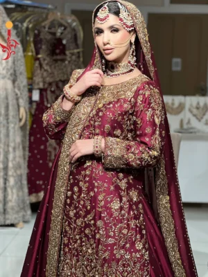 Maroon Farshi Lehenga with Tail - Baraat Dresses, Bridal Dresses, Bridal Lehenga, Formal Wear, Wedding Dresses | Jabeenz UK