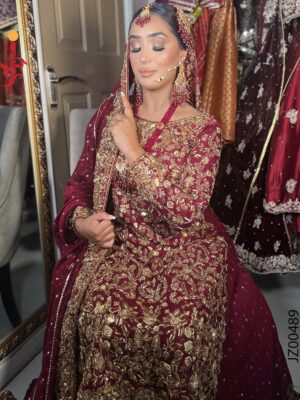 Hyderabadi-Inspired Maroon Bridal Ensemble - Baraat Dresses, Bridal Dresses, Formal Wear, Wedding Dresses | Jabeenz UK