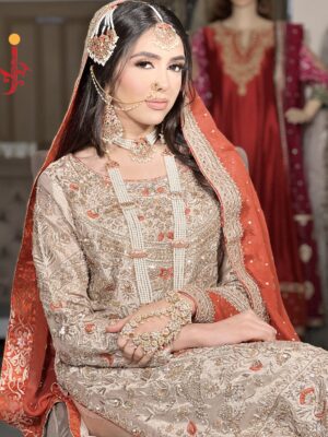 Golden & Peach Embellished Formal Nikkah Dress - Image 4
