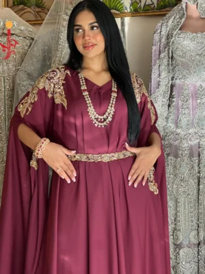 Maroon Georgette Silk Pocho-Style Kaftan Dress - Bridesmaid Dresses, Formal Wear, Party Wear, Wedding Guest Dresses - Walima | Jabeenz UK