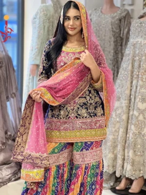 Bridal Mehndi Multicolor Gharara - Bridal Dresses, Formal Wear, Gharara, Mehndi Dresses, Wedding Dresses - Mehndi | Jabeenz UK