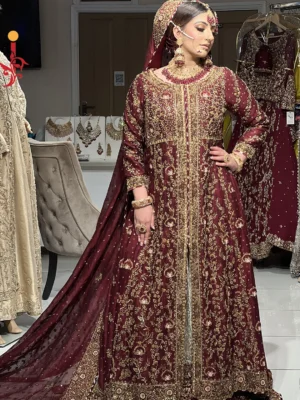 Maroon Front Open with Ivory Farshi - Baraat Dresses, Bridal Dresses, Formal Wear, Pakistani Bridal Gowns, Wedding Dresses | Jabeenz UK