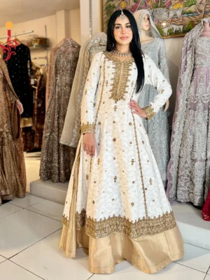 The White & Golden Khaddi Cotton Ensemble - Bridesmaid Dresses, Formal Wear, Nikkah Dresses, Wedding Guest Dresses - Walima | Jabeenz UK