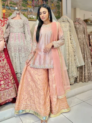 Peach Mirage Partywear Sharara Set - Bridesmaid Dresses, Formal Wear, Party Wear, Sharara, Wedding Guest Dresses - Walima | Jabeenz UK