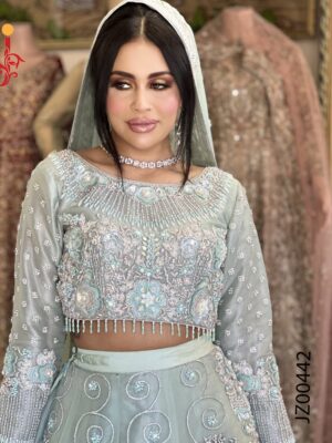 Sage Serenity Bridal Lehenga Choli in Organza - Bridal Dresses, Bridal Lehenga, Walima Dresses, Wedding Dresses - Walima | Jabeenz UK