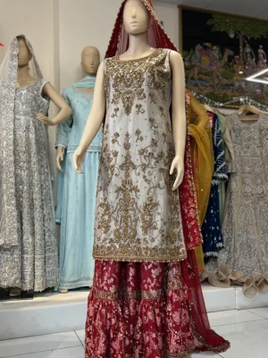 Grey & Red Bridal Lehenga Dress