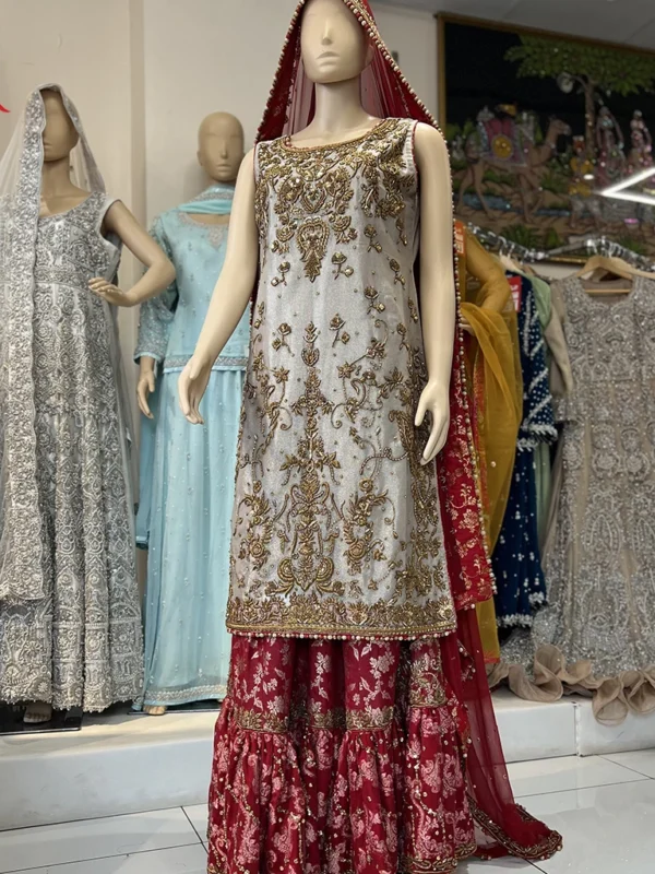 Grey & Red Bridal Lehenga Dress