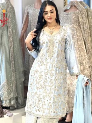 Ice Blue Shirt with Palazzo - Bridesmaid Dresses, Formal Wear, Party Wear, Wedding Guest Dresses - Walima | Jabeenz UK