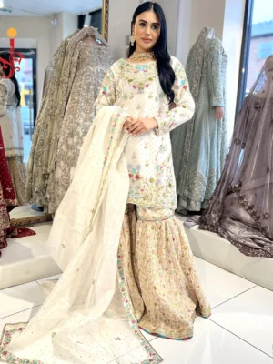 White Gharara with Multi Color Embroidery - Bridesmaid Dresses, Formal Wear, Gharara, Party Wear, Wedding Guest Dresses - Walima | Jabeenz UK
