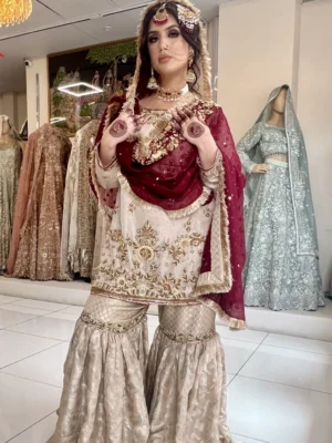 Golden Gharara with Maroon Dupatta