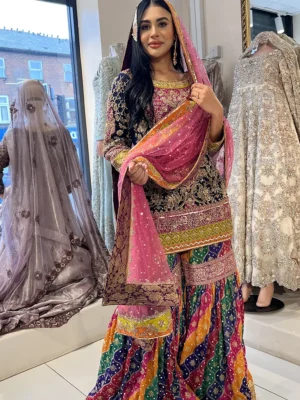 Bridal Mehndi Multicolor Gharara - Bridal Dresses, Formal Wear, Gharara, Mehndi Dresses, Wedding Dresses - Mehndi | Jabeenz UK