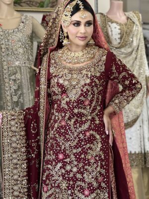 Mehr-e-Maroon Bridal Sharara - Baraat Dresses, Bridal Dresses, Formal Wear, Sharara, Wedding Dresses | Jabeenz UK