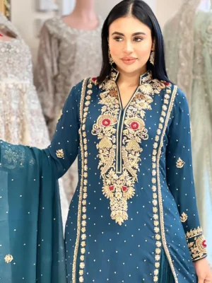 Teal Green Shirt with Crush Palazzo - Bridesmaid Dresses, Formal Wear, Party Wear, Wedding Guest Dresses - Walima | Jabeenz UK