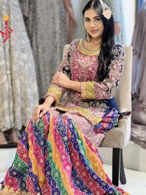 Bridal Mehndi Multicolor Gharara - Bridal Dresses, Formal Wear, Gharara, Mehndi Dresses, Wedding Dresses - Mehndi | Jabeenz UK