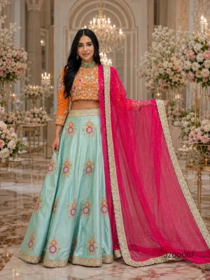 Bridal Mehndi Multi Color Lehenga — close-up view | Jabeenz UK