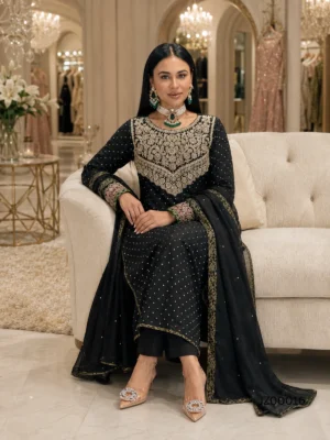 Elegant Black Chiffon Partywear Ensemble — styling view | Jabeenz UK