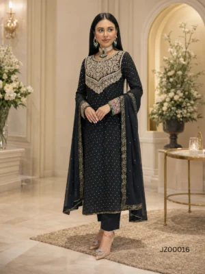 Elegant Black Chiffon Partywear Ensemble — close-up view | Jabeenz UK