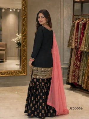 Mehndi guest outfit - Black Gharara Party Wear detail - Jabeenz
