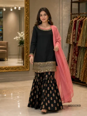 Pakistani wedding guest outfit - Black Gharara Party Wear detail - Jabeenz