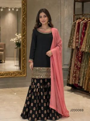 Asian wedding guest outfit - Black Gharara Party Wear detail - Jabeenz
