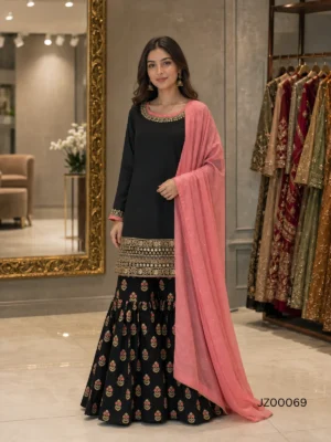 Nikkah guest outfit - Black Gharara Party Wear detail - Jabeenz